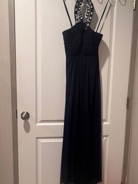 Morgan & Co. Navy Blue Beaded Halter Prom Dress